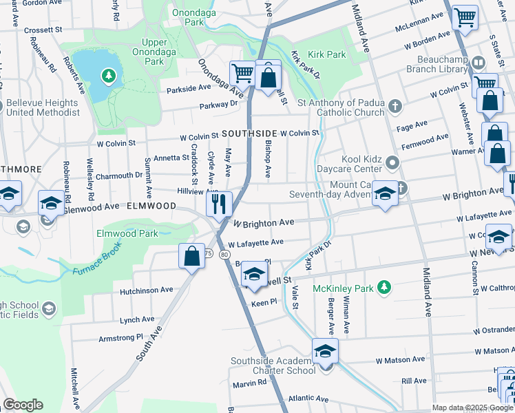 map of restaurants, bars, coffee shops, grocery stores, and more near 309 Marguerite Avenue in Syracuse