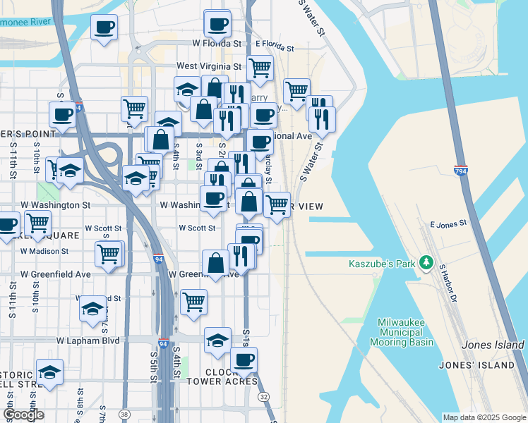 map of restaurants, bars, coffee shops, grocery stores, and more near 121 East Washington Street in Milwaukee