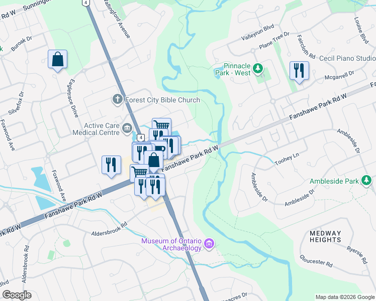 map of restaurants, bars, coffee shops, grocery stores, and more near 545 Fanshawe Park Road West in London