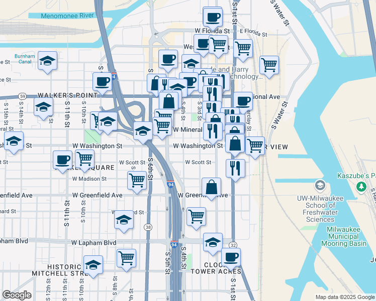 map of restaurants, bars, coffee shops, grocery stores, and more near 331 West Washington Street in Milwaukee