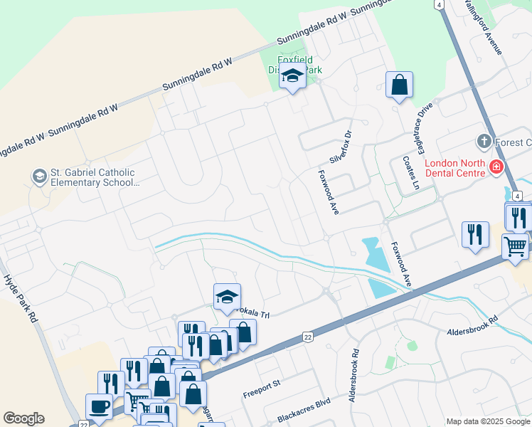 map of restaurants, bars, coffee shops, grocery stores, and more near 1390 Medway Park Drive in London