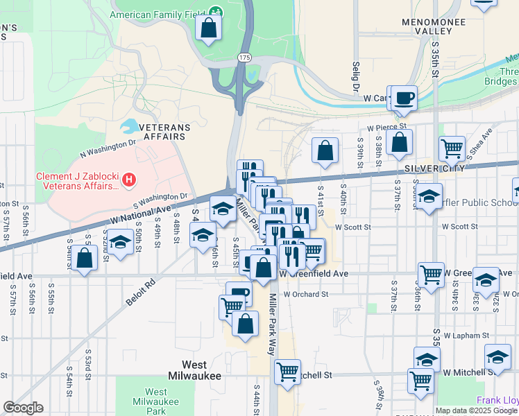 map of restaurants, bars, coffee shops, grocery stores, and more near 1216 Miller Park Way in Milwaukee