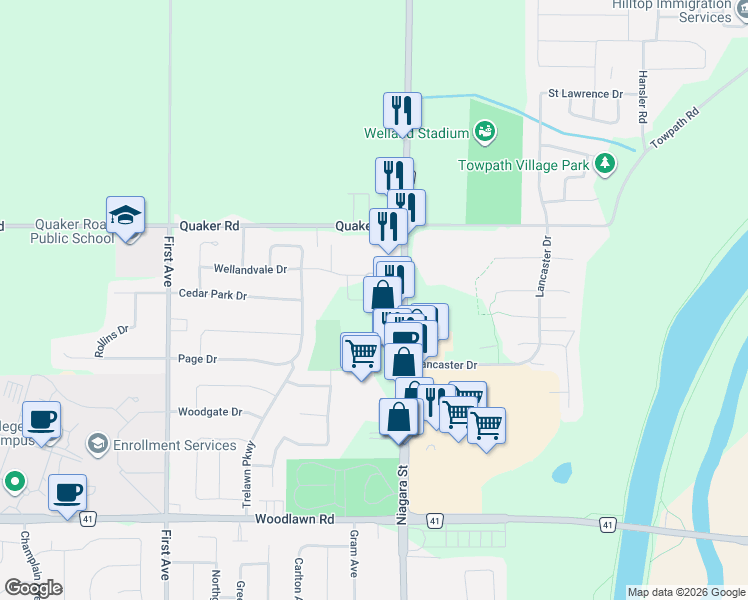 map of restaurants, bars, coffee shops, grocery stores, and more near 258 Wellandvale Drive in Welland