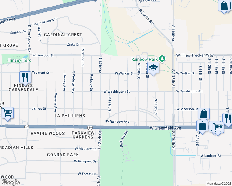 map of restaurants, bars, coffee shops, grocery stores, and more near 12207 West Washington Street in West Allis