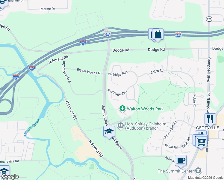 map of restaurants, bars, coffee shops, grocery stores, and more near 6 Partridge Run in Buffalo