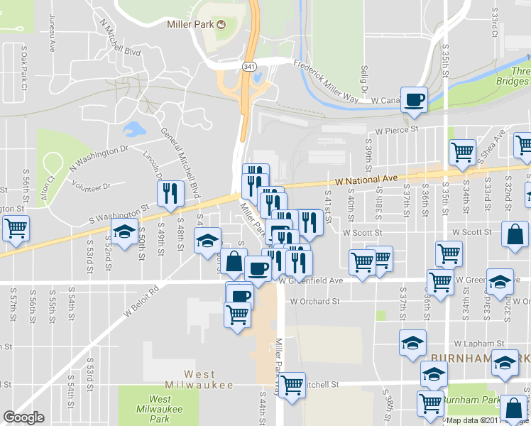 map of restaurants, bars, coffee shops, grocery stores, and more near 1216 Miller Park Way in Milwaukee