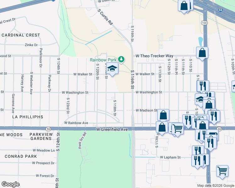 map of restaurants, bars, coffee shops, grocery stores, and more near 11729 West Washington Street in West Allis