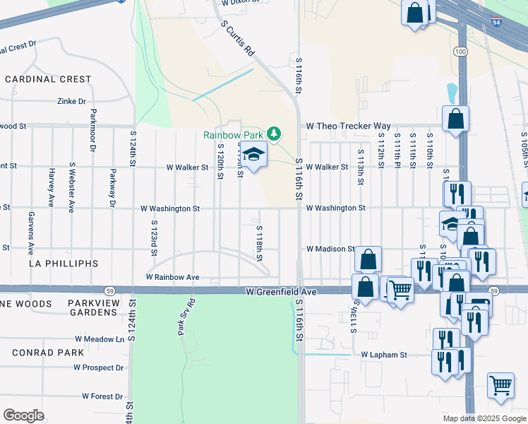 map of restaurants, bars, coffee shops, grocery stores, and more near 11729 West Washington Street in West Allis