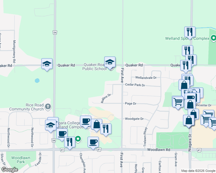 map of restaurants, bars, coffee shops, grocery stores, and more near 41 Woodland Drive in Welland
