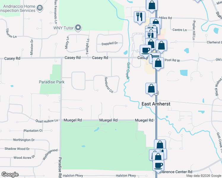 map of restaurants, bars, coffee shops, grocery stores, and more near 153 Sunburst Cir in East Amherst