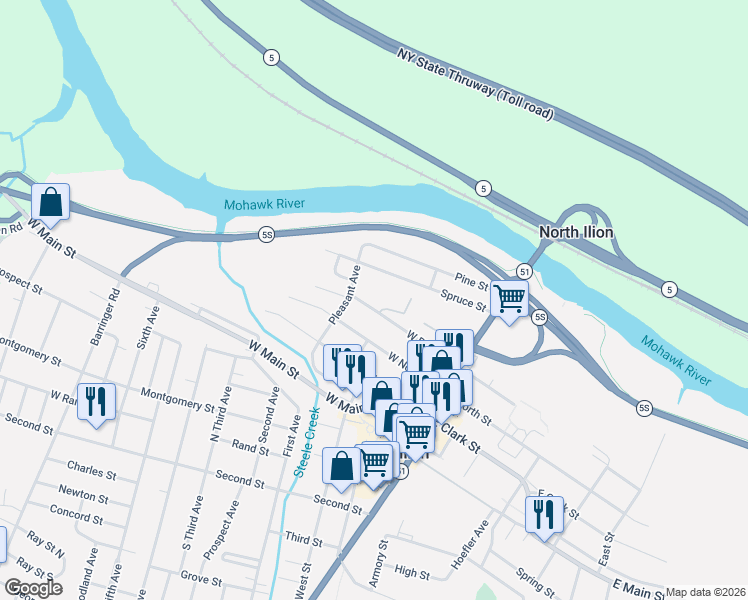 map of restaurants, bars, coffee shops, grocery stores, and more near 106 W River St in Ilion