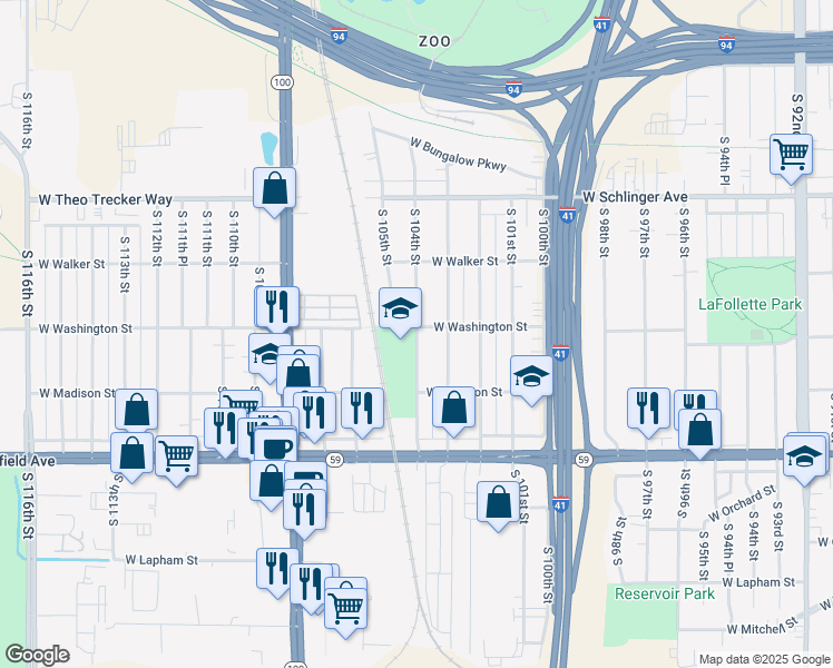 map of restaurants, bars, coffee shops, grocery stores, and more near 1117 South 104th Street in West Allis