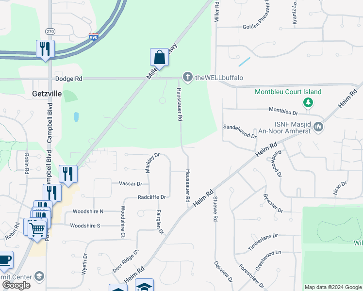map of restaurants, bars, coffee shops, grocery stores, and more near 184 Haussauer Road in Getzville