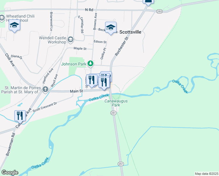map of restaurants, bars, coffee shops, grocery stores, and more near 2 Rochester Street in Scottsville