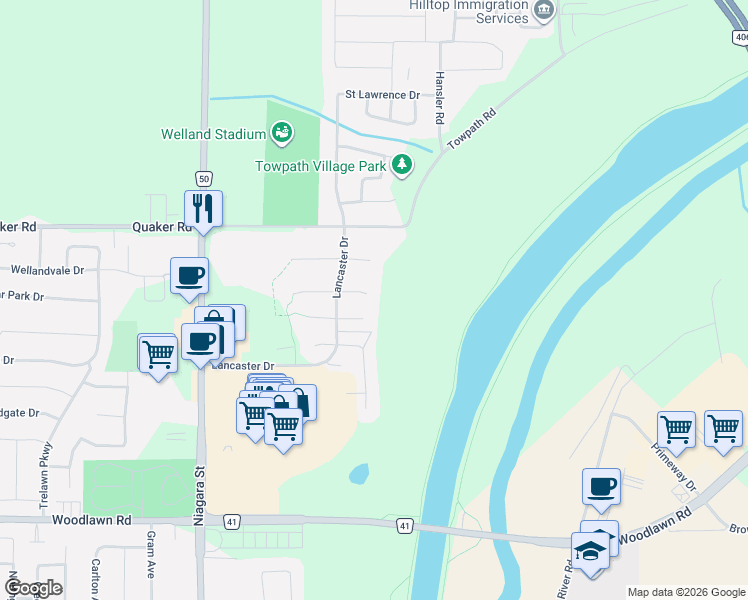 map of restaurants, bars, coffee shops, grocery stores, and more near 81 Jackson Court East in Welland
