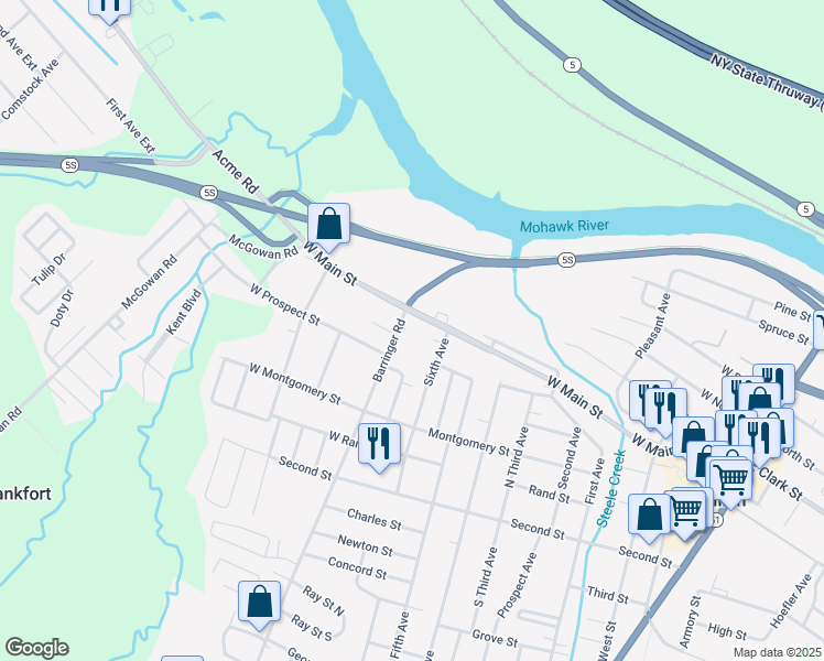 map of restaurants, bars, coffee shops, grocery stores, and more near 317 West Main Street in Ilion