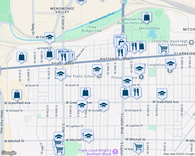 map of restaurants, bars, coffee shops, grocery stores, and more near 3014 West Scott Street in Milwaukee