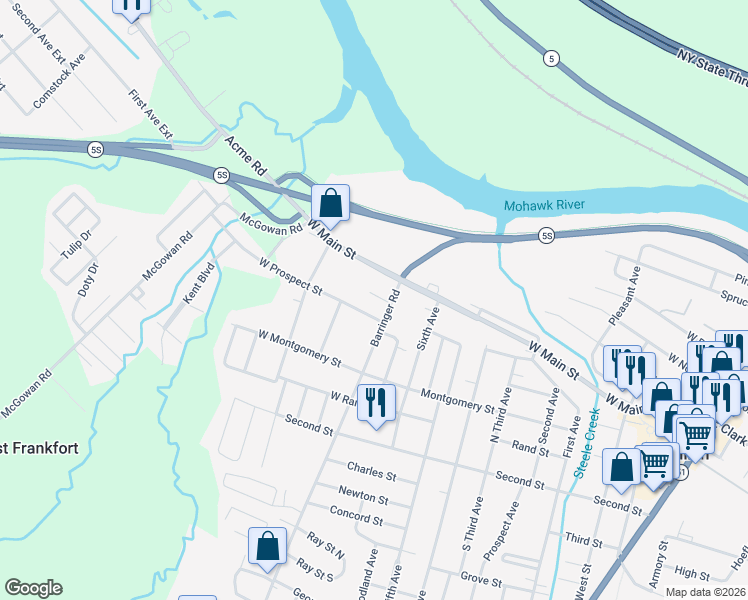 map of restaurants, bars, coffee shops, grocery stores, and more near 5 Addison Terrace in Ilion