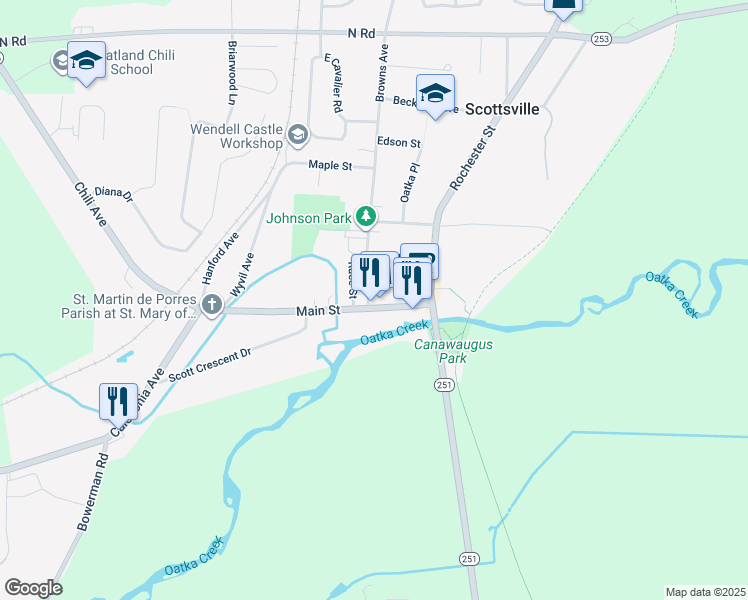 map of restaurants, bars, coffee shops, grocery stores, and more near 4 Church Street in Scottsville