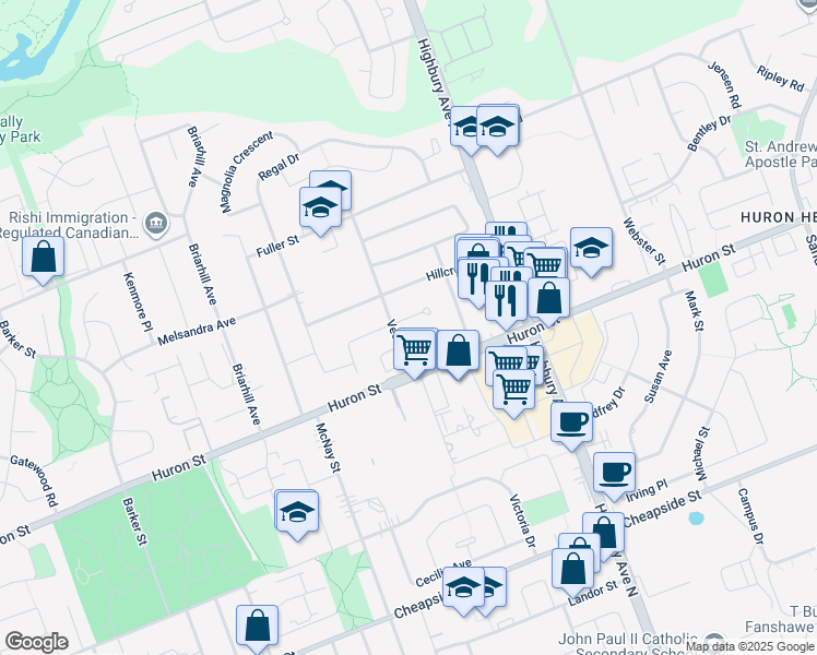 map of restaurants, bars, coffee shops, grocery stores, and more near 185 Regal Drive in London