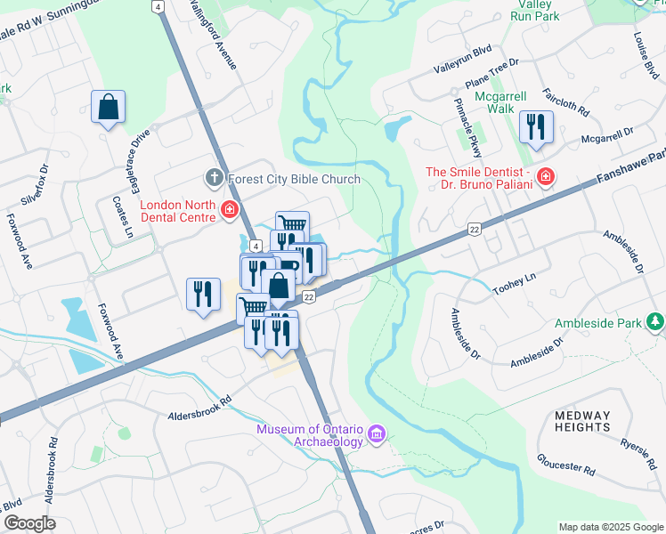 map of restaurants, bars, coffee shops, grocery stores, and more near 545 Fanshawe Park Road West in London