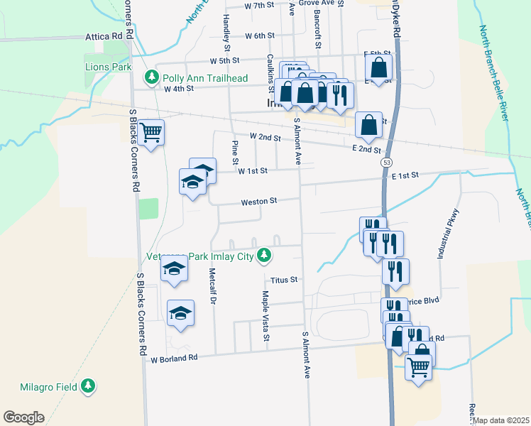 map of restaurants, bars, coffee shops, grocery stores, and more near 445 Weston Street in Imlay City