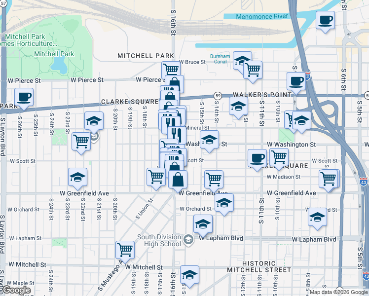 map of restaurants, bars, coffee shops, grocery stores, and more near 1529 West Washington Street in Milwaukee