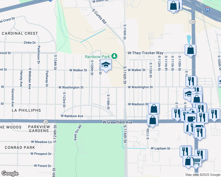 map of restaurants, bars, coffee shops, grocery stores, and more near 11729 West Washington Street in West Allis