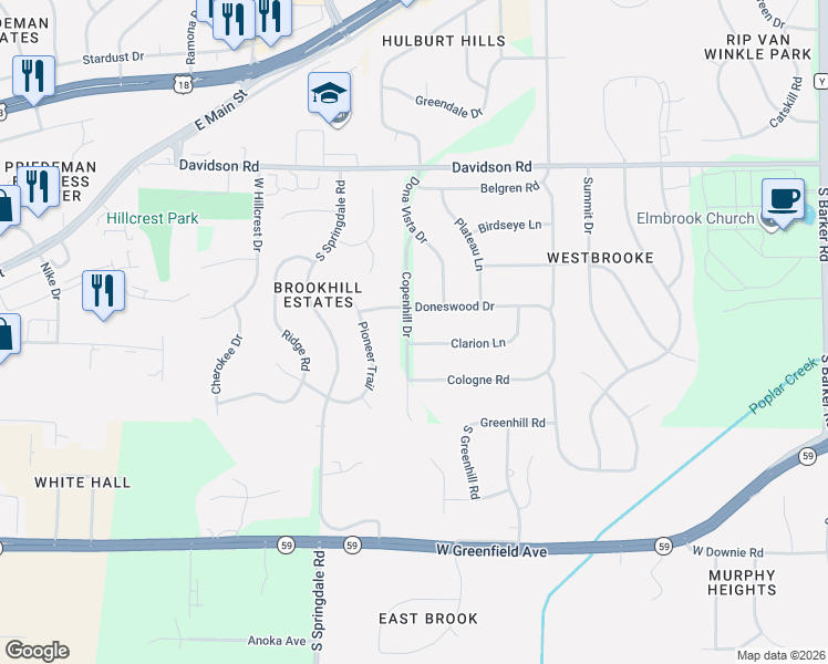 map of restaurants, bars, coffee shops, grocery stores, and more near 21670 Clarion Lane in Waukesha