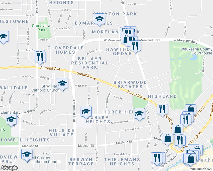map of restaurants, bars, coffee shops, grocery stores, and more near 1009 Summit Avenue in Waukesha