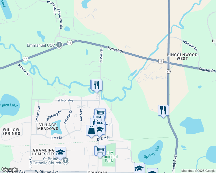 map of restaurants, bars, coffee shops, grocery stores, and more near 400 North Main Street in Dousman