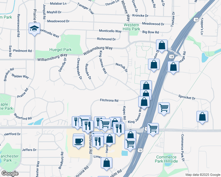 map of restaurants, bars, coffee shops, grocery stores, and more near 5669 King James Court in Fitchburg
