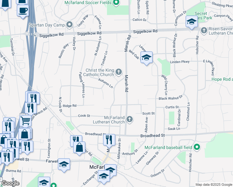 map of restaurants, bars, coffee shops, grocery stores, and more near 5403 Main Street in McFarland
