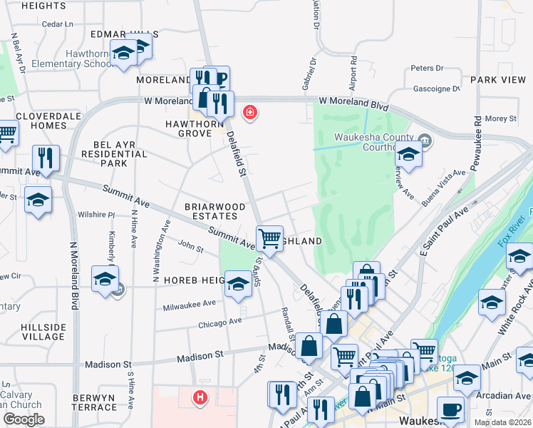 map of restaurants, bars, coffee shops, grocery stores, and more near 308 Prospect Avenue in Waukesha