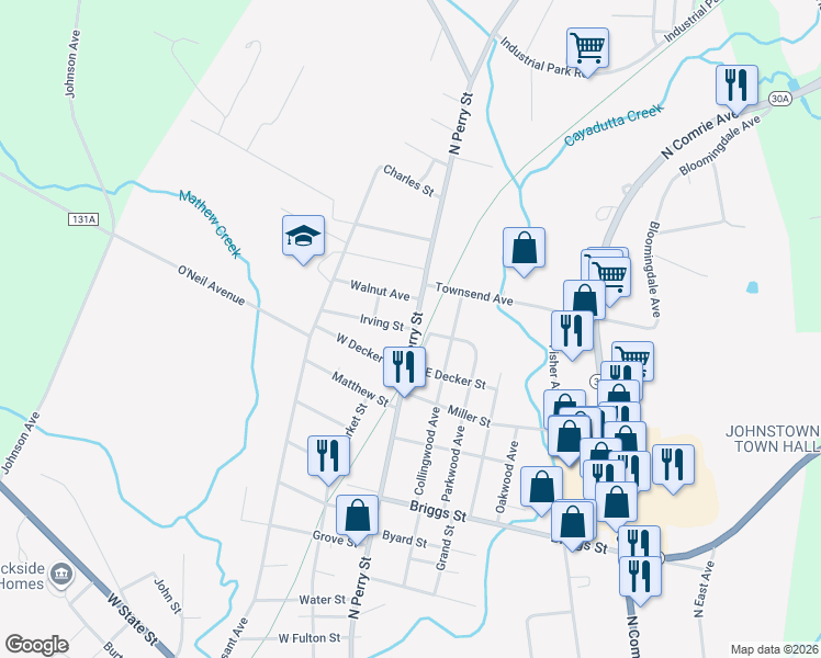 map of restaurants, bars, coffee shops, grocery stores, and more near 1 Irving Street in Johnstown