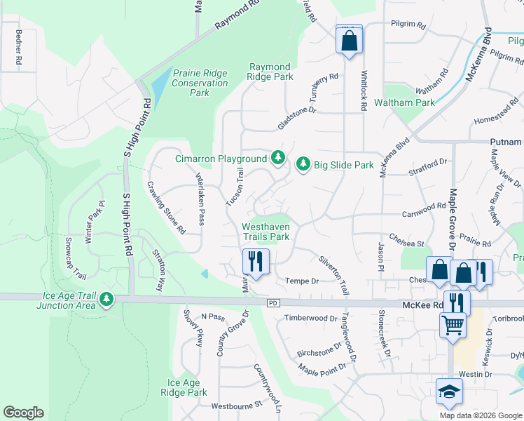 map of restaurants, bars, coffee shops, grocery stores, and more near 2954 Cimarron Trail in Madison