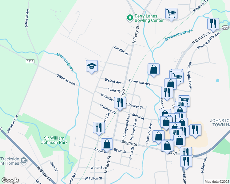 map of restaurants, bars, coffee shops, grocery stores, and more near 8 Irving Street in Johnstown