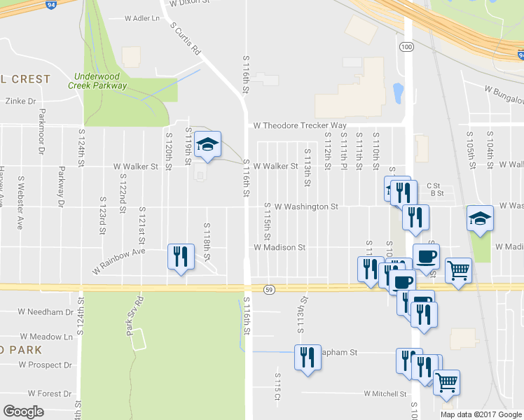 map of restaurants, bars, coffee shops, grocery stores, and more near 1105 South 115th Street in West Allis