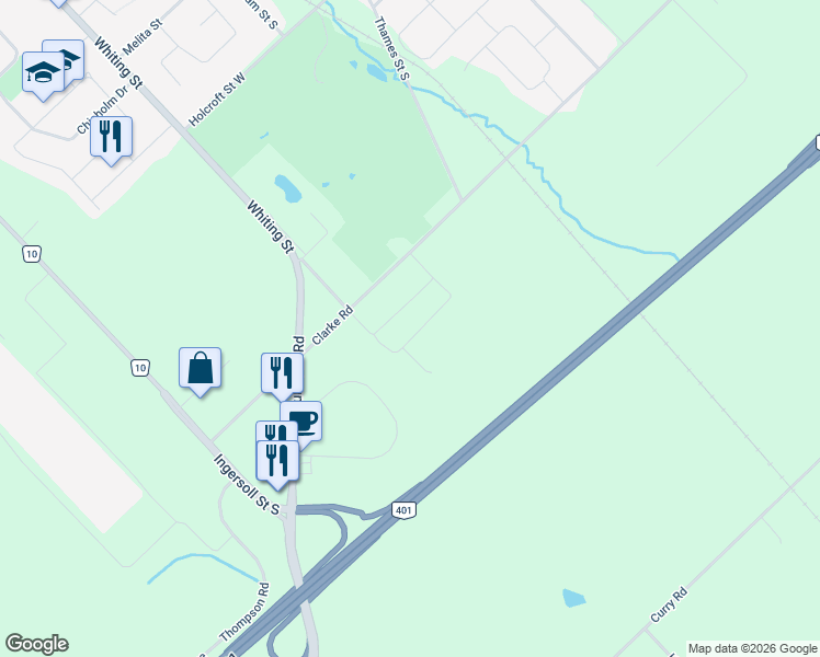 map of restaurants, bars, coffee shops, grocery stores, and more near 64 Cash Crescent in Ingersoll