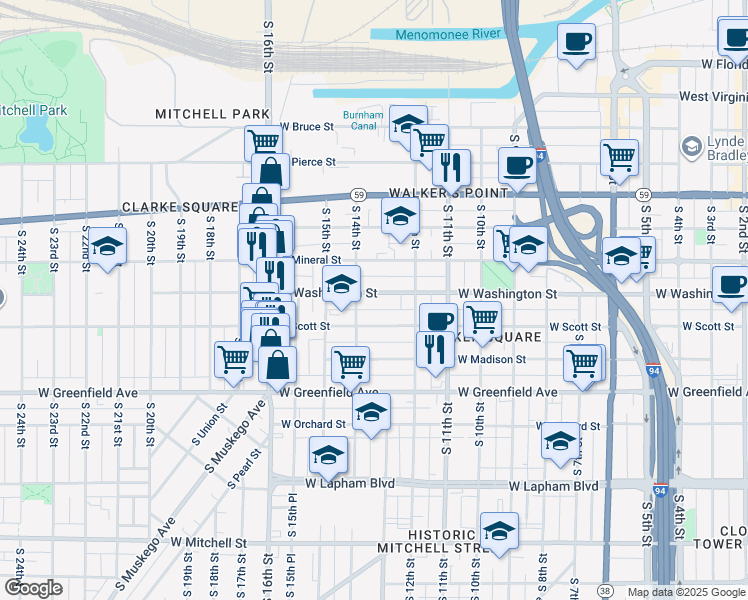 map of restaurants, bars, coffee shops, grocery stores, and more near 1315 West Washington Street in Milwaukee