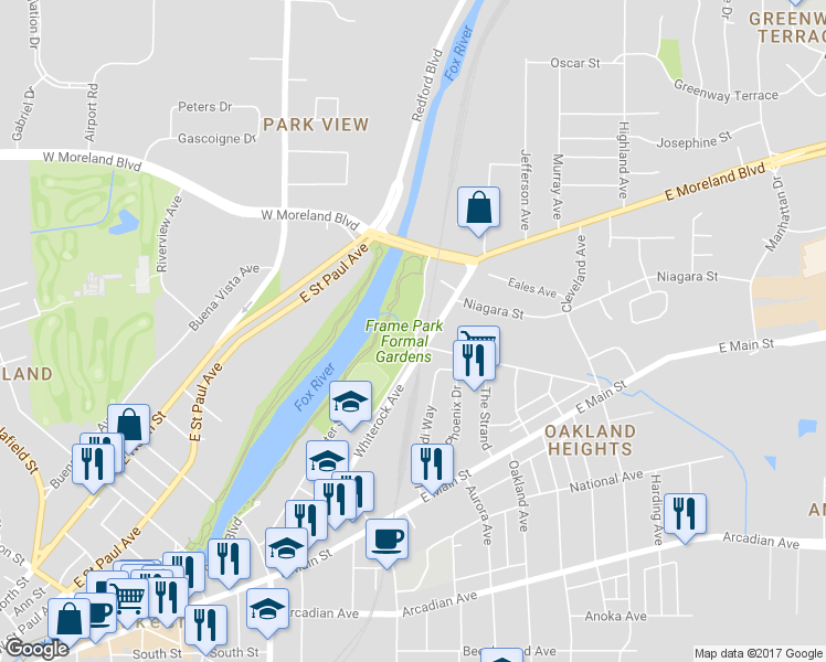 map of restaurants, bars, coffee shops, grocery stores, and more near Frame Park Drive in Waukesha