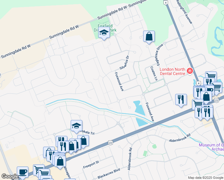 map of restaurants, bars, coffee shops, grocery stores, and more near 2312 Tokala Trail in London
