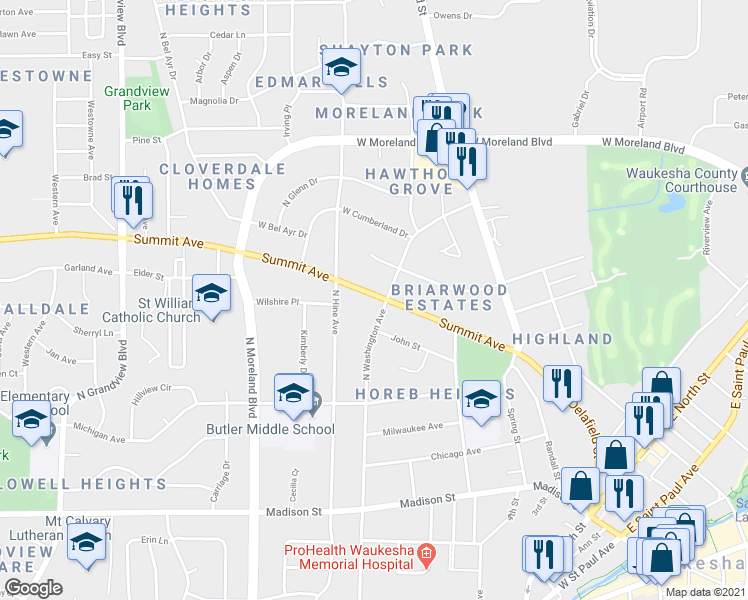 map of restaurants, bars, coffee shops, grocery stores, and more near 1009 Summit Avenue in Waukesha