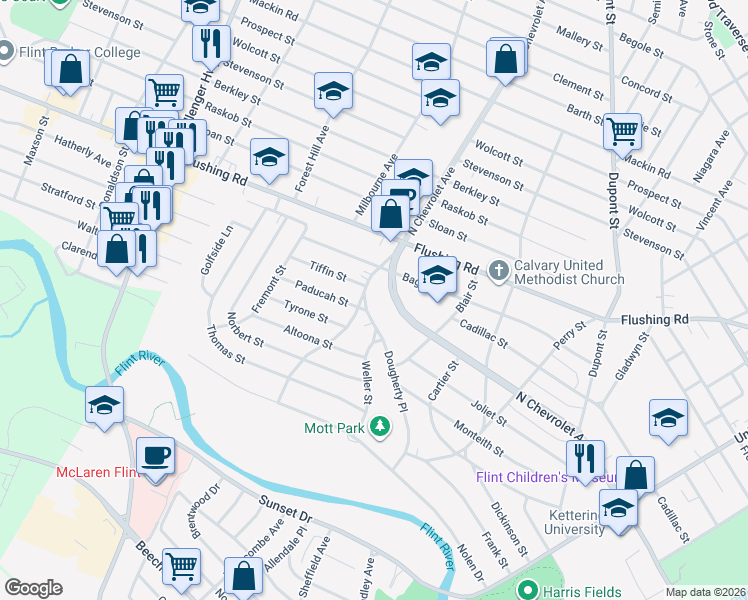 map of restaurants, bars, coffee shops, grocery stores, and more near 1045 North Chevrolet Avenue in Flint