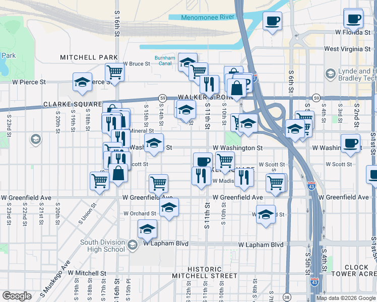 map of restaurants, bars, coffee shops, grocery stores, and more near 1201 West Washington Street in Milwaukee