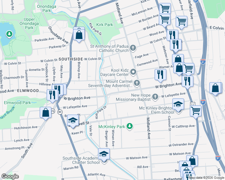 map of restaurants, bars, coffee shops, grocery stores, and more near 508-10 West Brighton Avenue in Syracuse