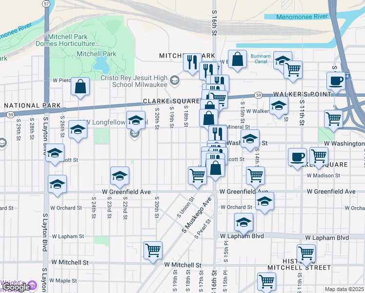 map of restaurants, bars, coffee shops, grocery stores, and more near 1107 South 18th Street in Milwaukee