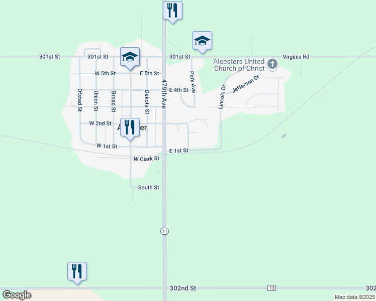 map of restaurants, bars, coffee shops, grocery stores, and more near 398 E 1st St in Alcester