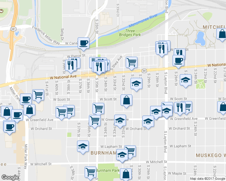 map of restaurants, bars, coffee shops, grocery stores, and more near 1101 South 33rd Street in Milwaukee