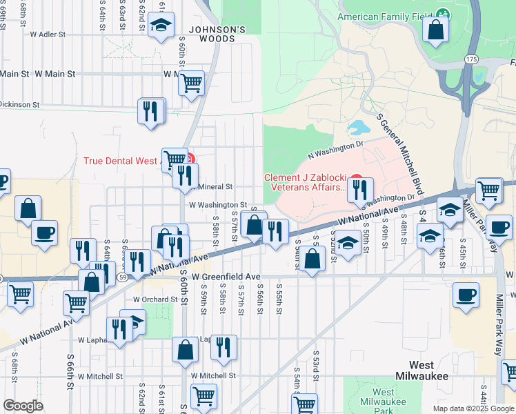 map of restaurants, bars, coffee shops, grocery stores, and more near 1102 South 56th Street in West Allis